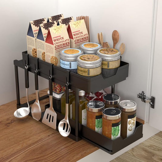 "2-Tier Under Sink Shelf Organizer – Pull-Out Storage Rack with Hooks & Cups for Kitchen or Bathroom Cabinet"